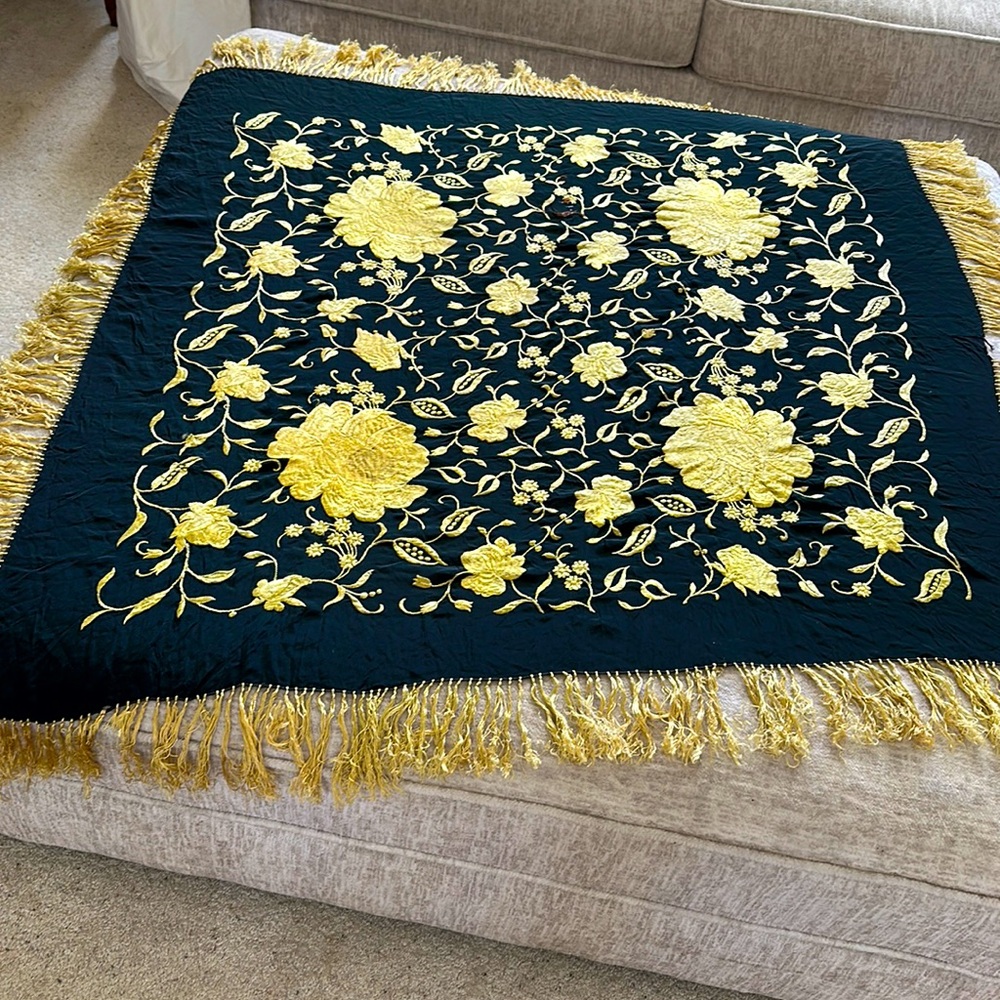 Vintage gold, silken embroidered piano shawl with gold fringe. 1920s to 1930s .